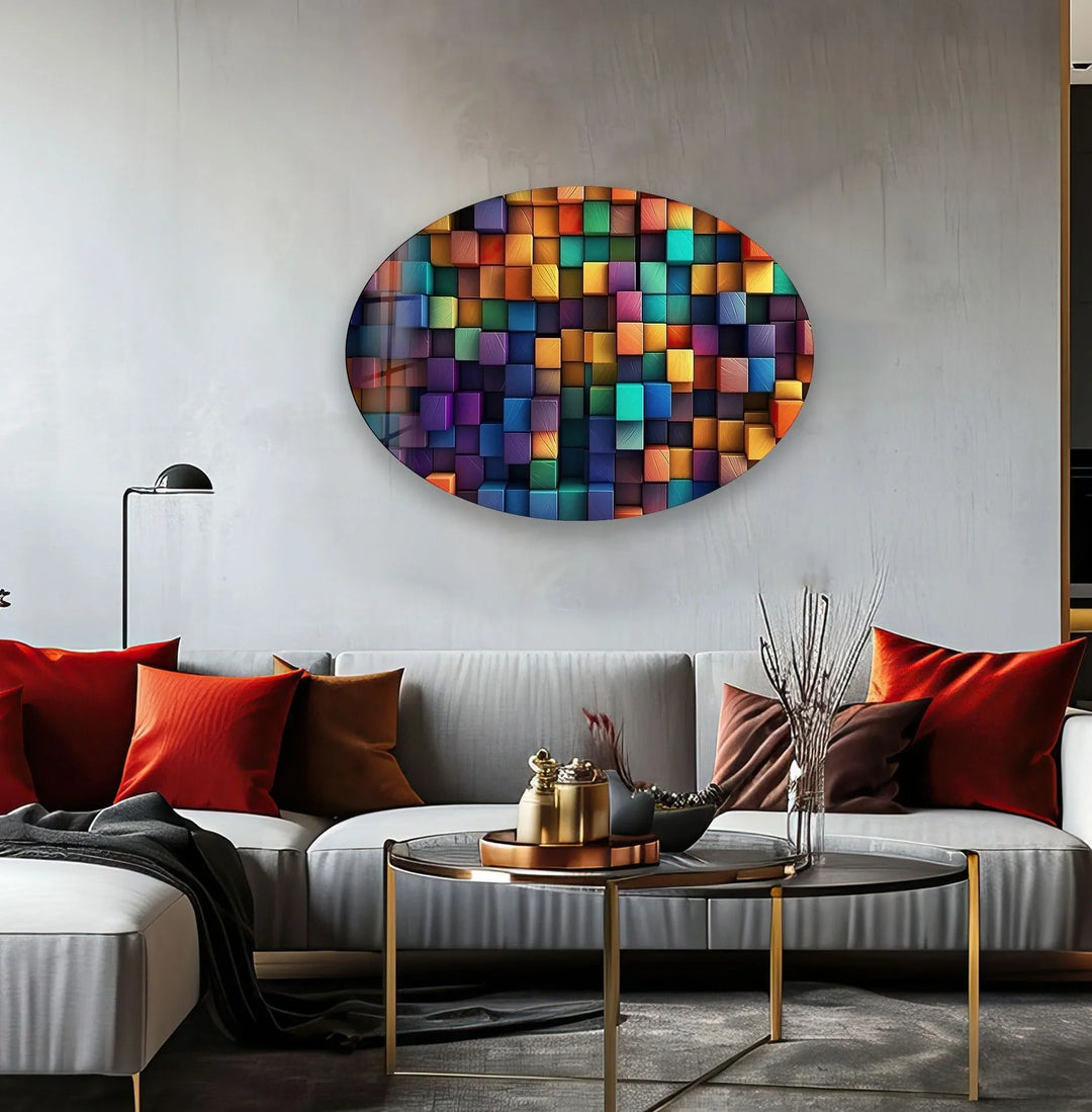 Asymmetric Oval Colored Cubes Glass Wall Art glass pictures for Wall, glass prints wall art