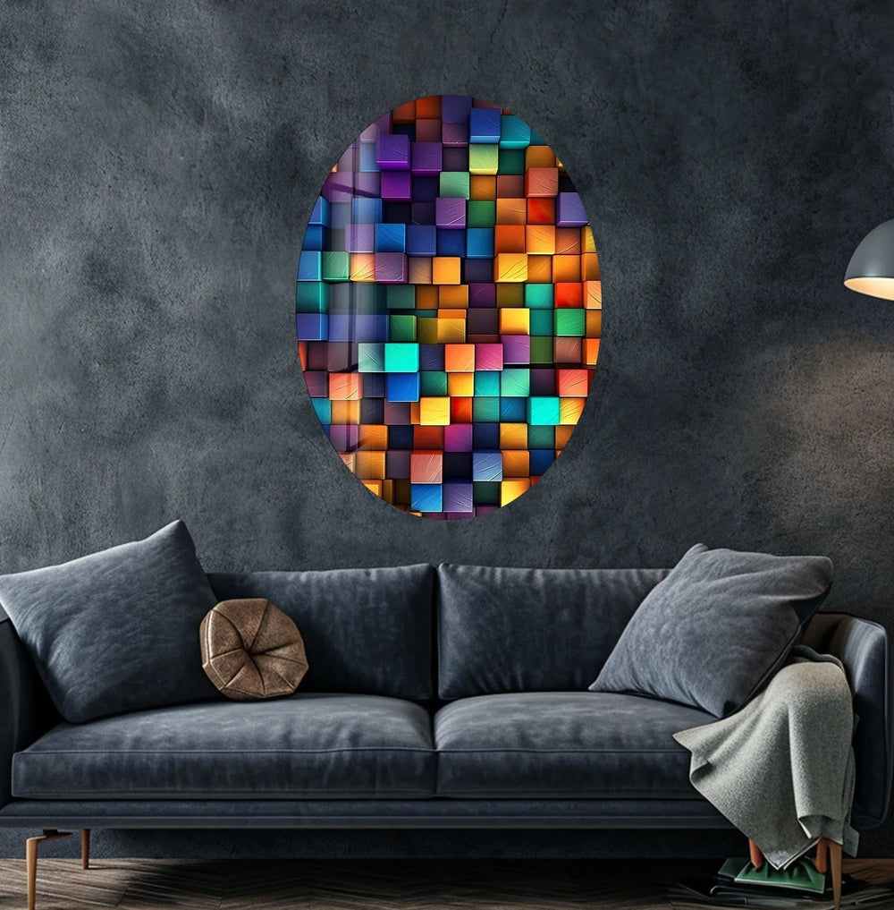 Asymmetric Oval Colored Cubes Glass Wall Art ccustom glass pictures, glass art prints