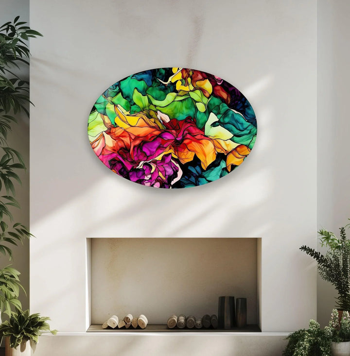 Asymmetric Oval Colored Flowers Glass Wall Art large glass photo prints, glass wall photos
