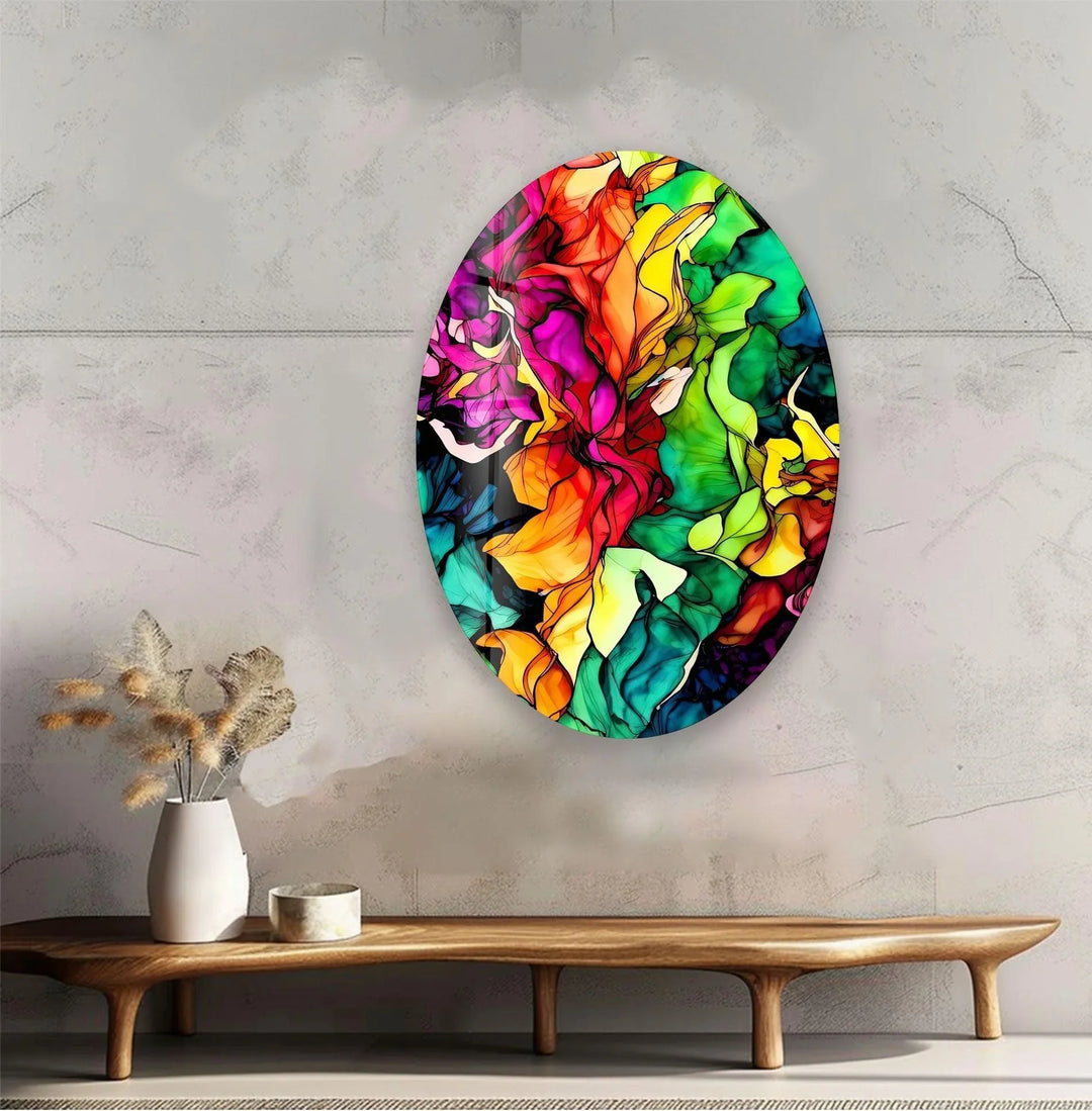 Asymmetric Oval Colored Flowers Glass Wall Art photo print on glass, prints on glass wall art