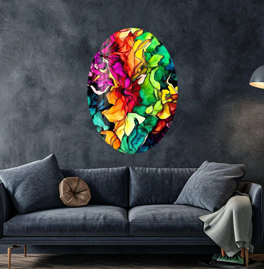 Asymmetric Oval Colored Flowers Glass Wall Art custom glass pictures, glass art prints