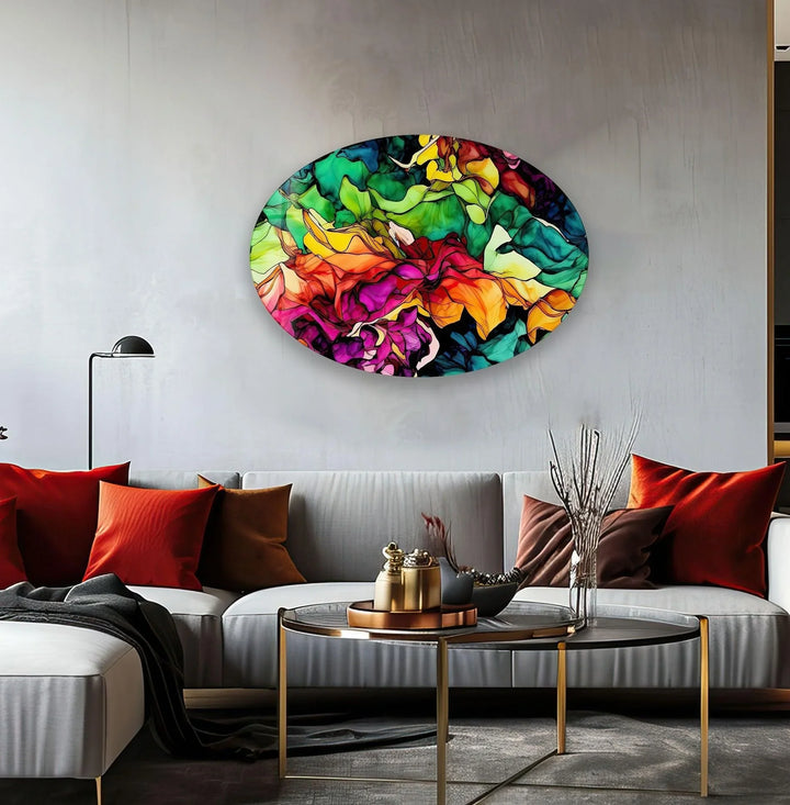 Asymmetric Oval Colored Flowers Glass Wall Art glass pictures for Wall, glass prints wall art