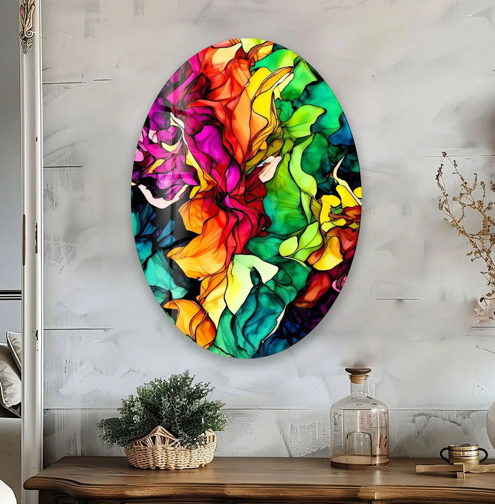 Asymmetric Oval Colored Flowers Glass Wall Art picture on glass wall art, photos printed on glass