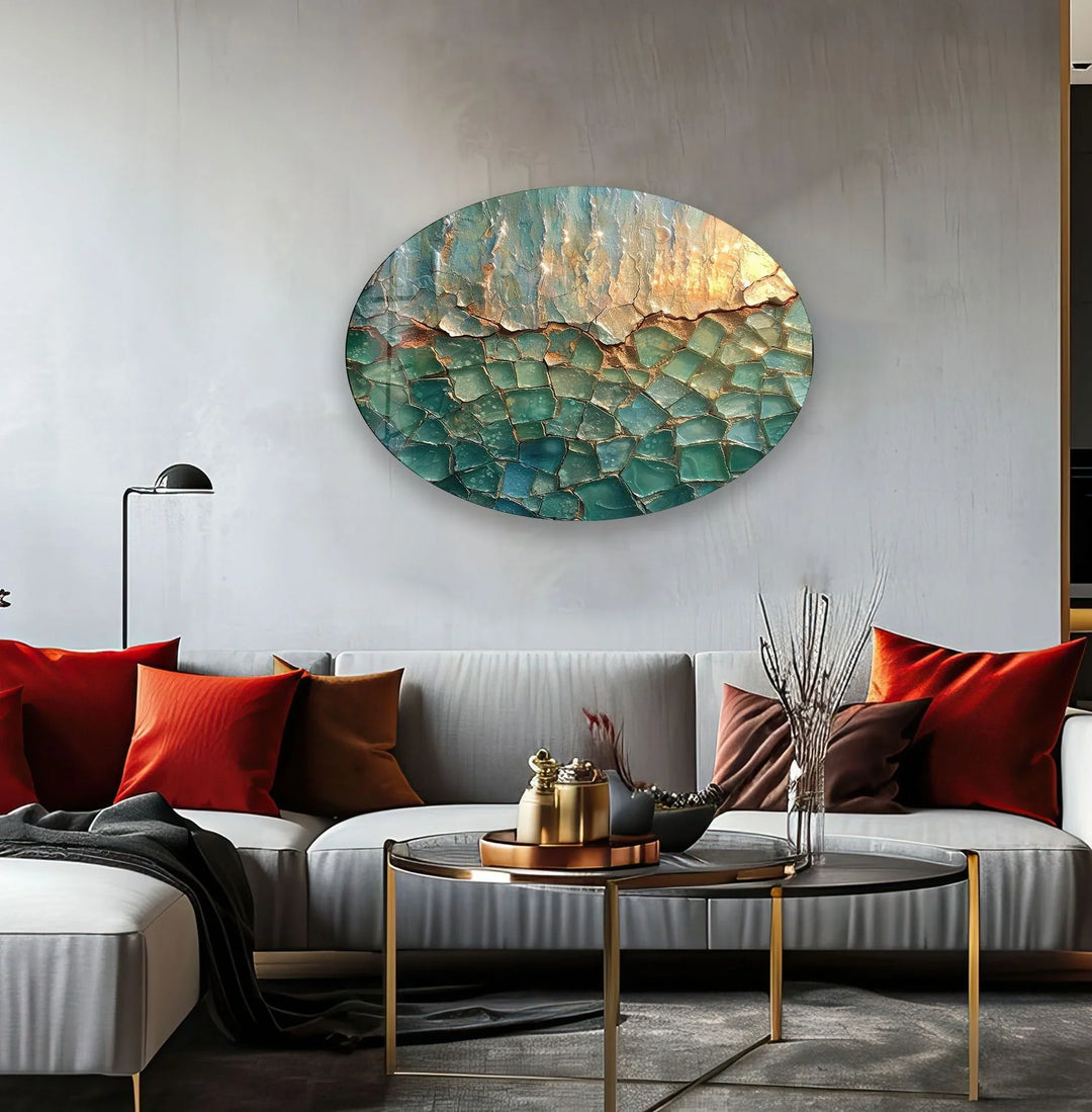 Asymmetric Oval Cracked Abstract Design Glass Wall Art Glass Printing Wall Art, Print photos on glass