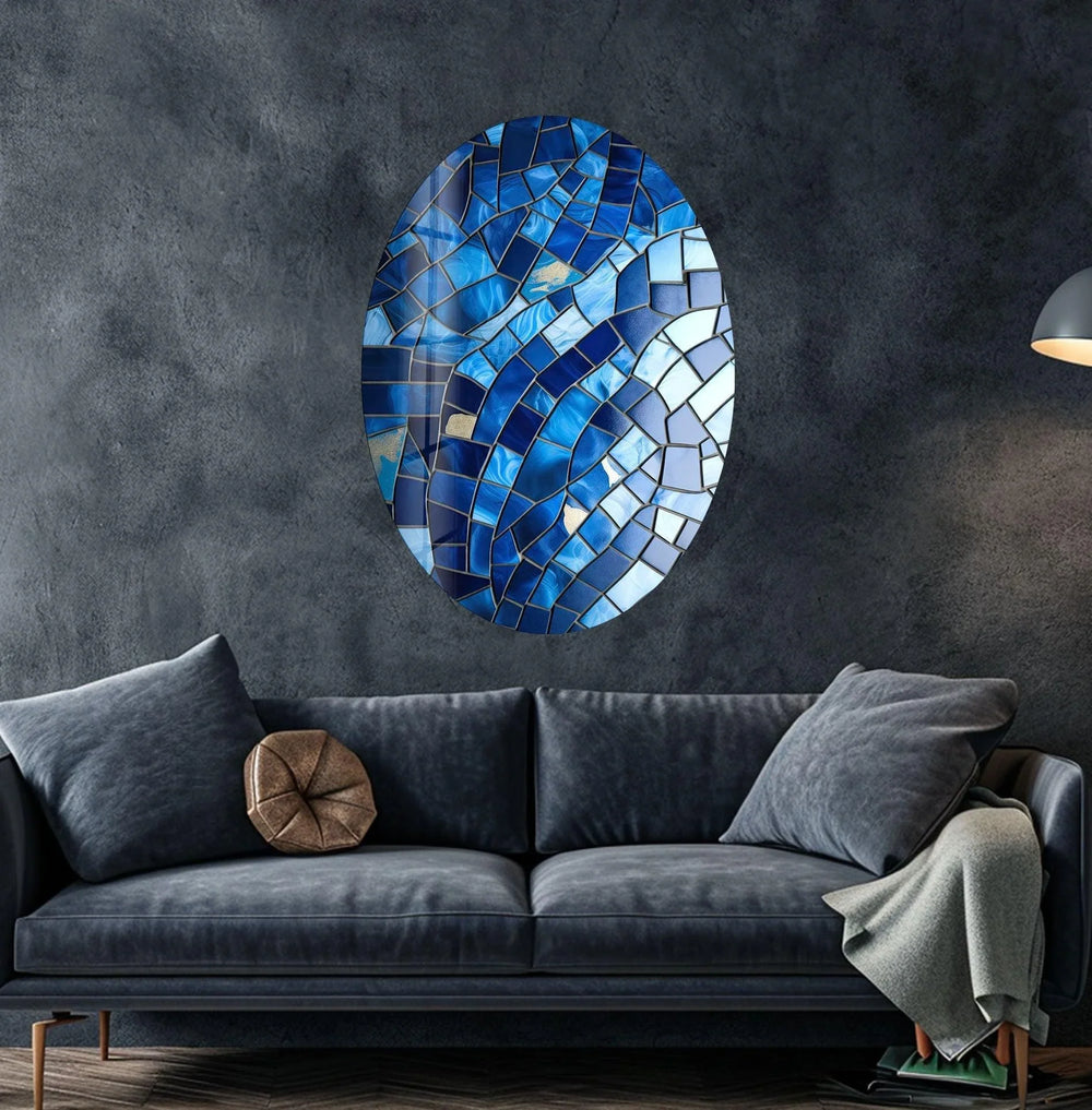 Asymmetric Oval Mosaic Blue Stones Glass Wall Art art glass wall art, glass wall art pictures