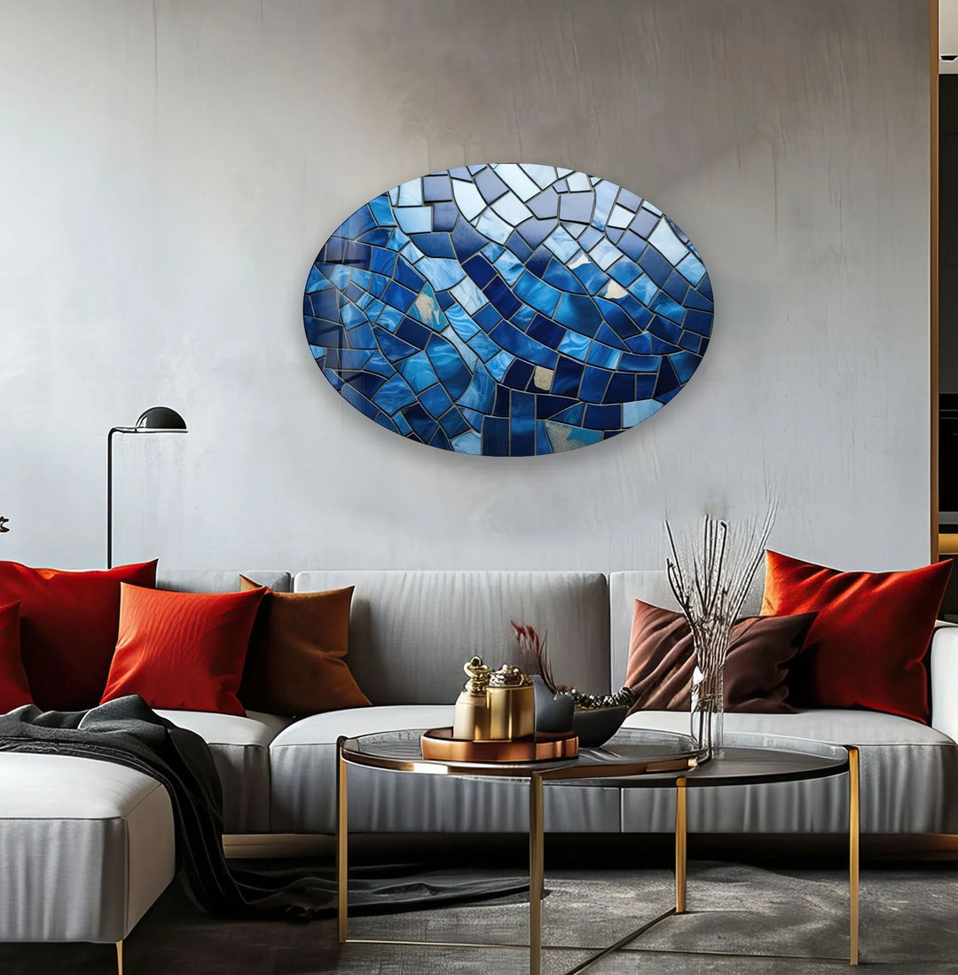 Asymmetric Oval Mosaic Blue Stones Glass Wall Art glass art painting, glass art for the Wall