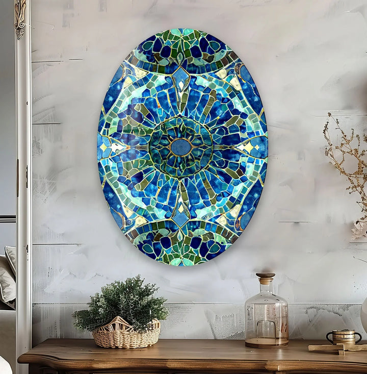 Asymmetric Oval Mosaic Green & Blue Glass Wall Art picture on glass wall art, photos printed on glass