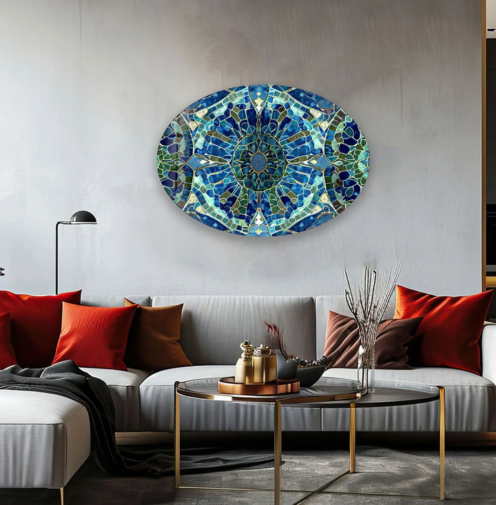 Asymmetric Oval Mosaic Green & Blue Glass Wall Art glass pictures for Wall, glass prints wall art