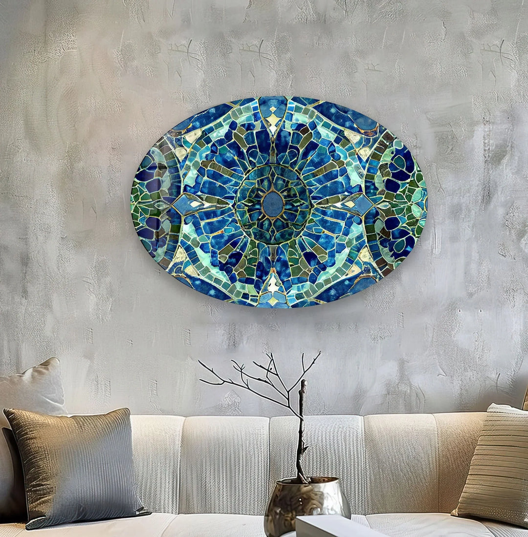 Asymmetric Oval Mosaic Green & Blue Glass Wall Art custom glass photo prints, large glass prints