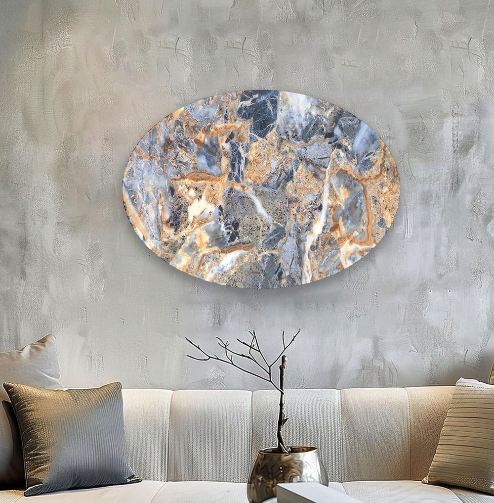 Asymmetric Oval Orange & Blue Marble Glass Wall Art glass art painting, glass art for the Wall