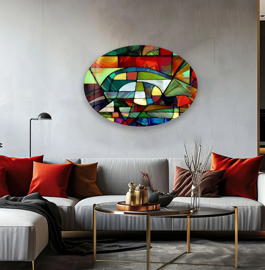 Asymmetric Oval Stained Geometrics Glass Wall Art glass wall decor, glass wall art decor
