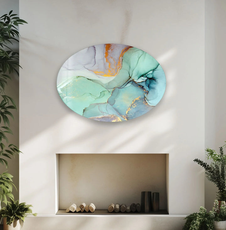 Asymmetric Oval Turquoise Marble Glass Wall Art glass art painting, glass art for the Wall