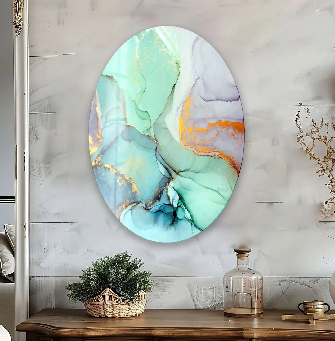 Asymmetric Oval Turquoise Marble Glass Wall Art Glass Printing Wall Art, Print photos on glass