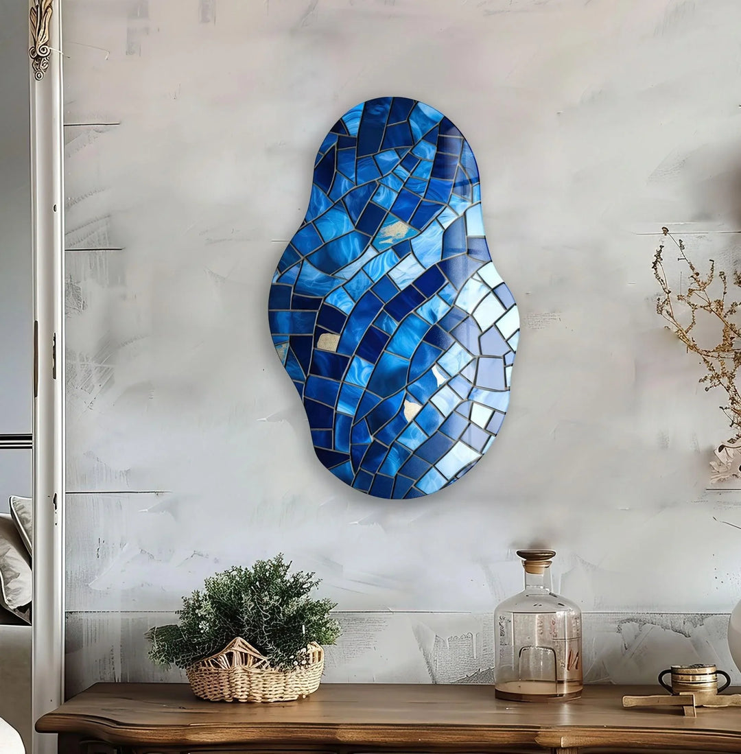 Asymmetrical Blue Mosaic Glass Wall Art photo print on glass, prints on glass wall art