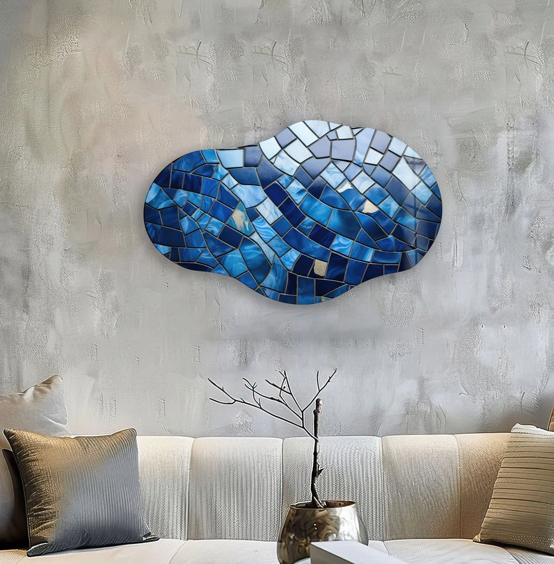 Asymmetrical Blue Mosaic Glass Wall Art large glass photo prints, glass wall photos