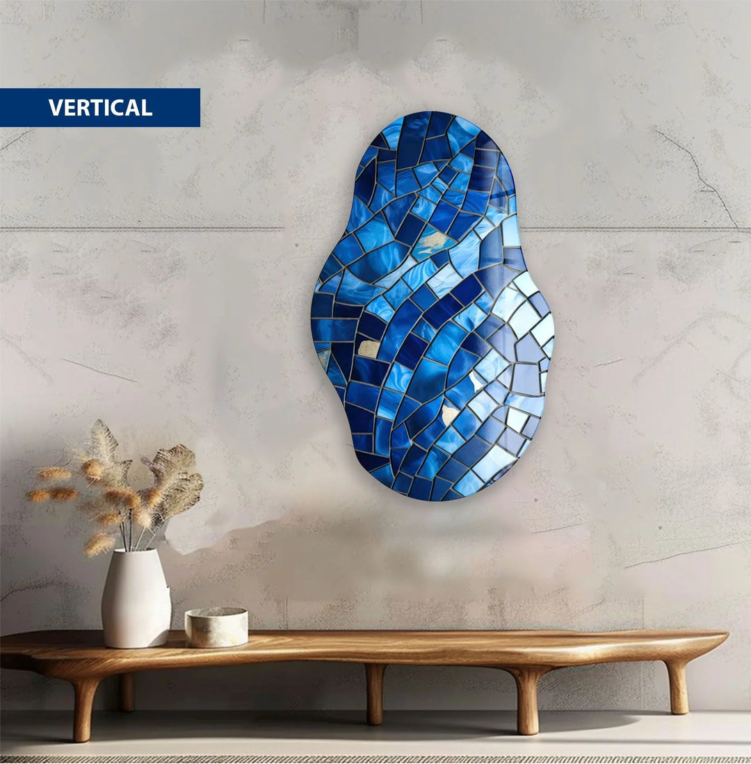 Asymmetrical Blue Mosaic Glass Wall Art  glass pictures for Wall, glass prints wall art