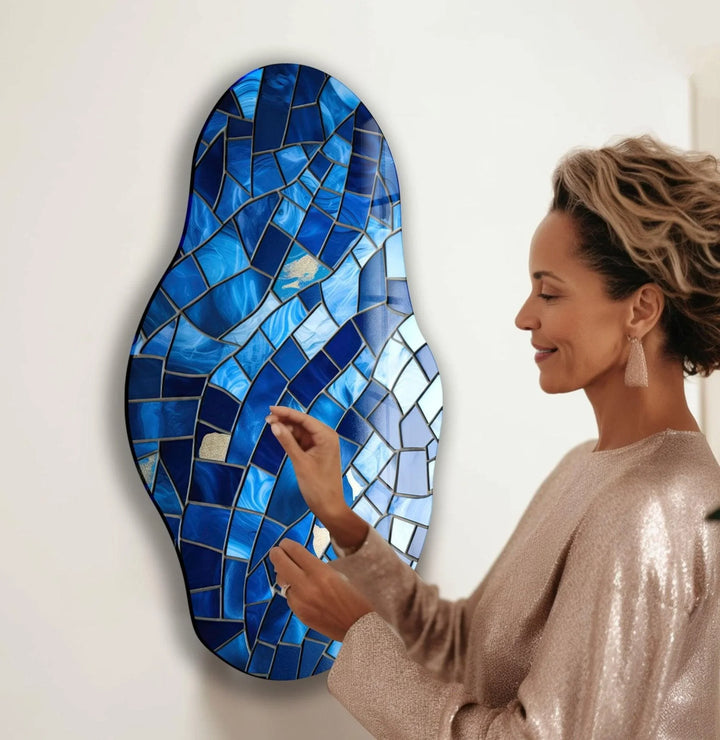 Asymmetrical Blue Mosaic Glass Wall Art picture on glass wall art, photos printed on glass