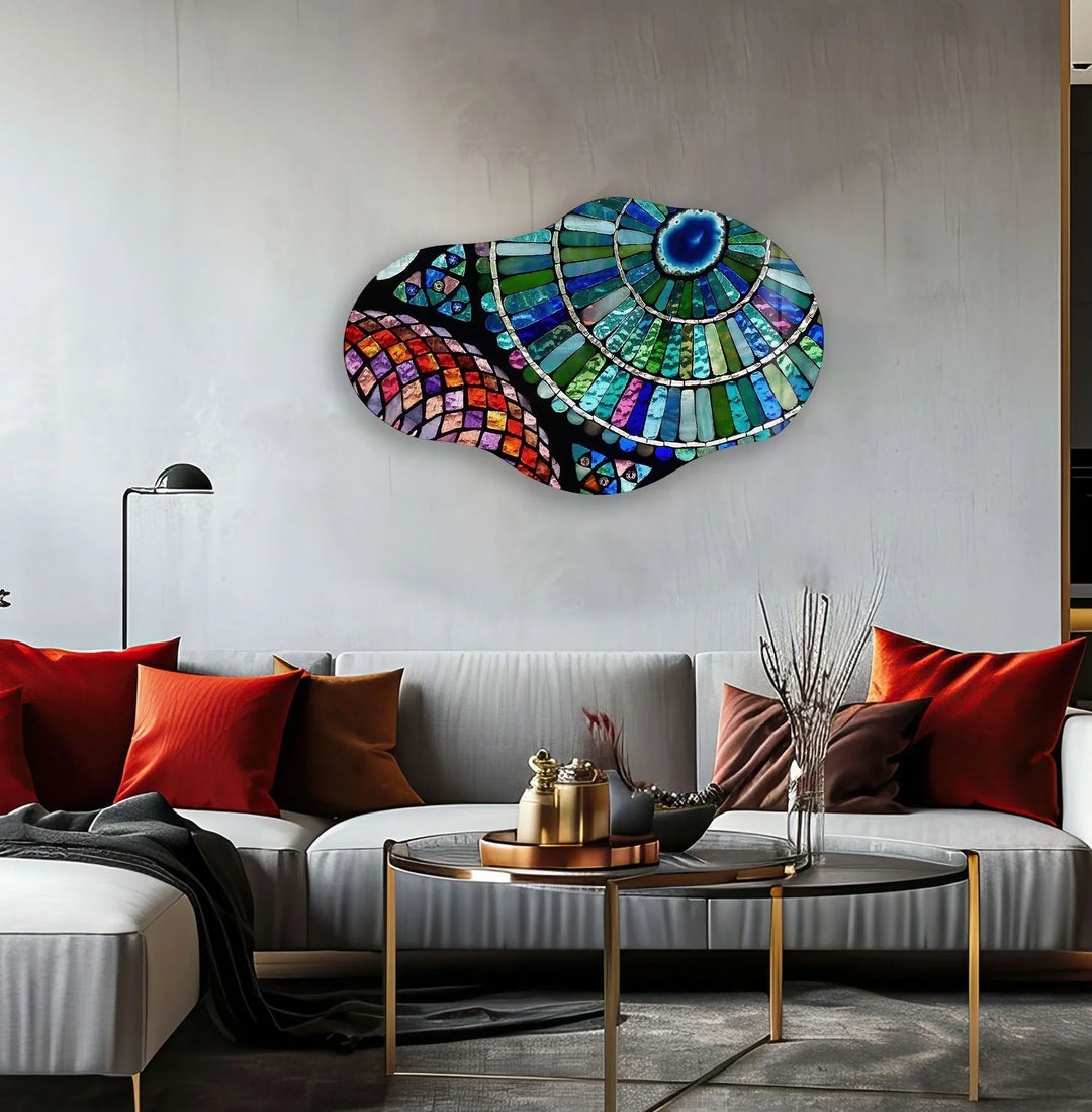 Asymmetrical Colorful Mosaic Glass Wall Art print picture on glass, Tempered Glass Wall Art