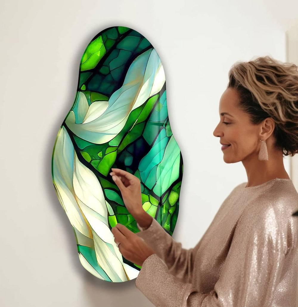 Asymmetrical Green Stained Glass Wall Art picture on glass wall art, photos printed on glass