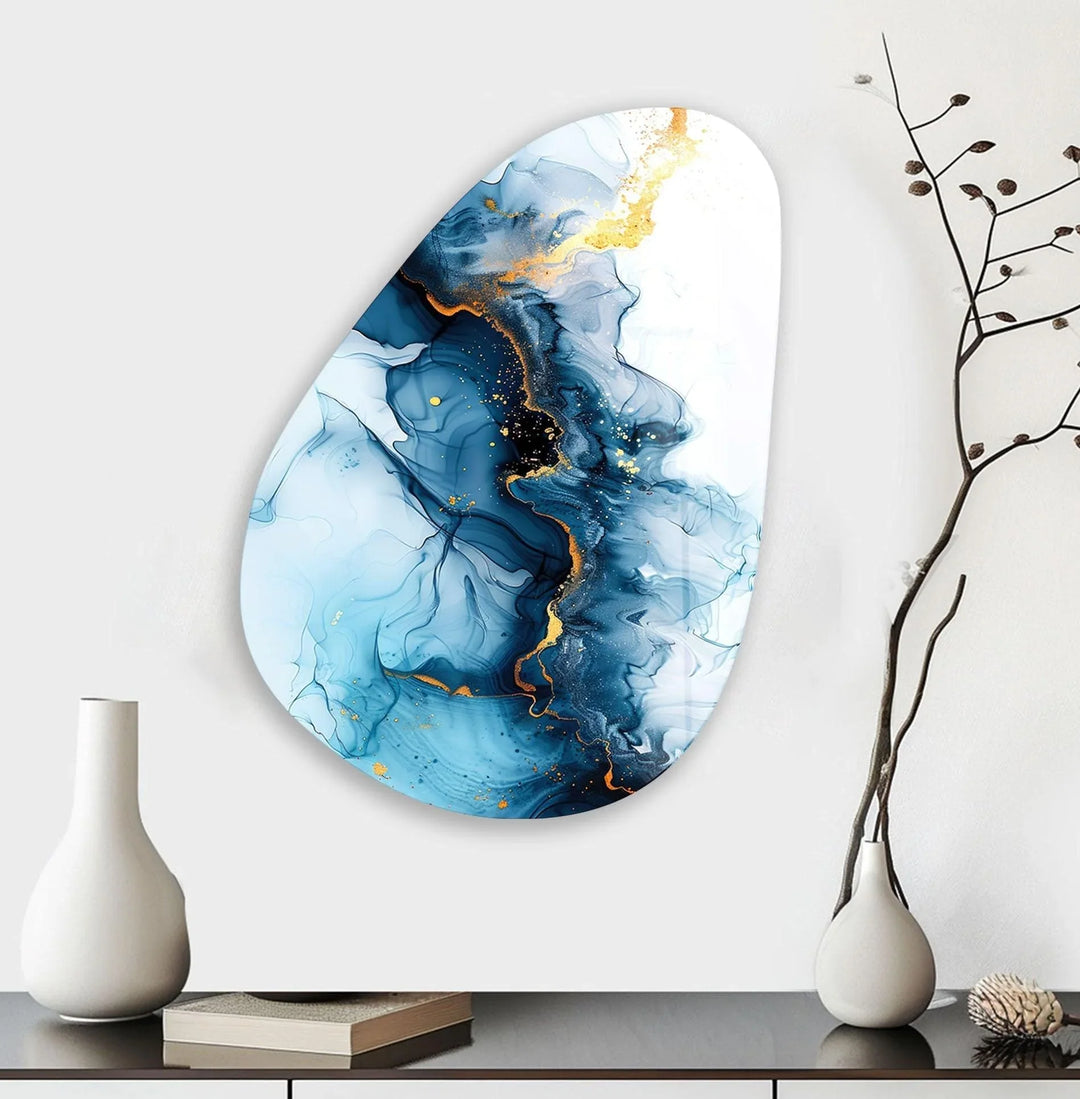 Asymmetrical Oval Abstract Marble Blue Glass Wall Art Glass Printing Wall Art, Print photos on glass