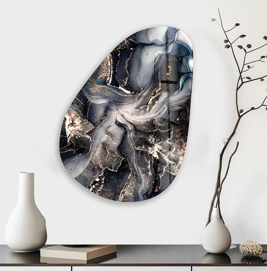Asymmetrical Oval Black Grey Marble Glass Wall Art print picture on glass, Tempered Glass Wall Art