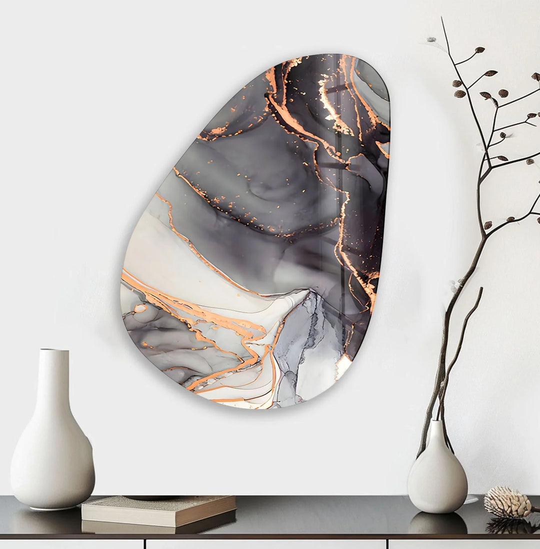 Asymmetrical Oval Black White Golden Glass Wall Art glass art painting, glass art for the Wall