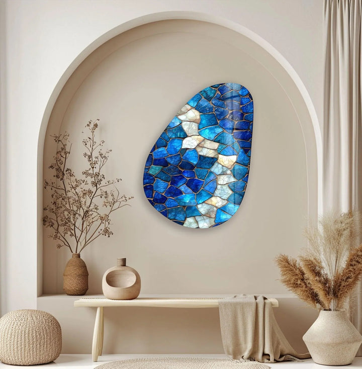 Asymmetrical Oval Blue Stained Glass Wall Art photo print on glass, prints on glass wall art