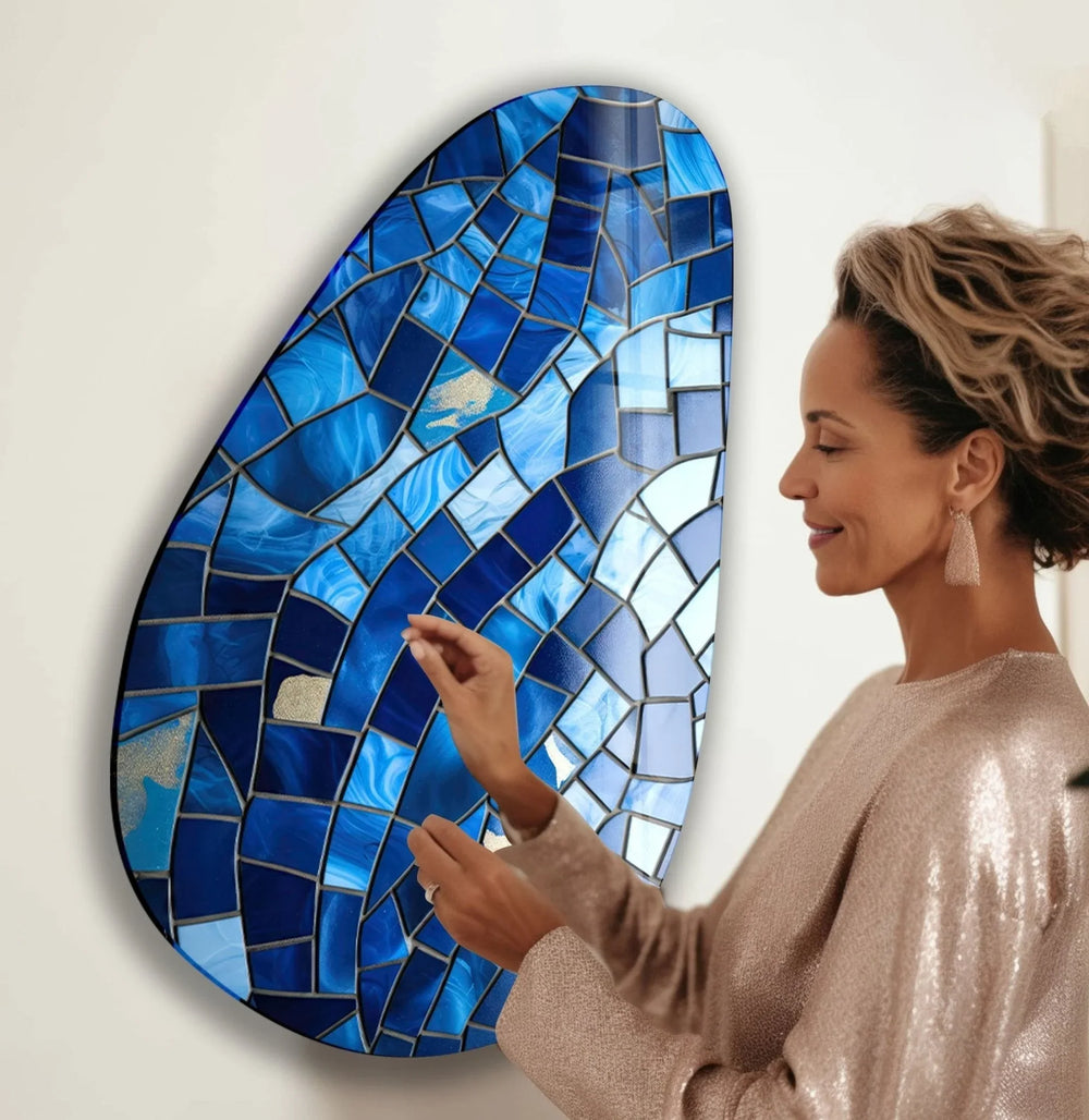 Asymmetrical Oval Blue Stones Glass Wall Art stained glass wall art, stained glass wall decor
