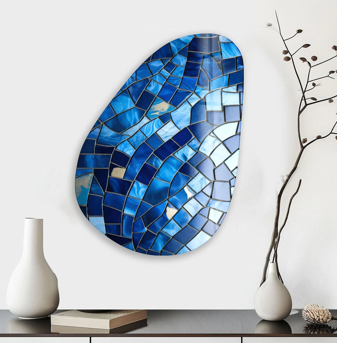 Asymmetrical Oval Blue Stones Glass Wall Art glass wall decor, glass wall art decor