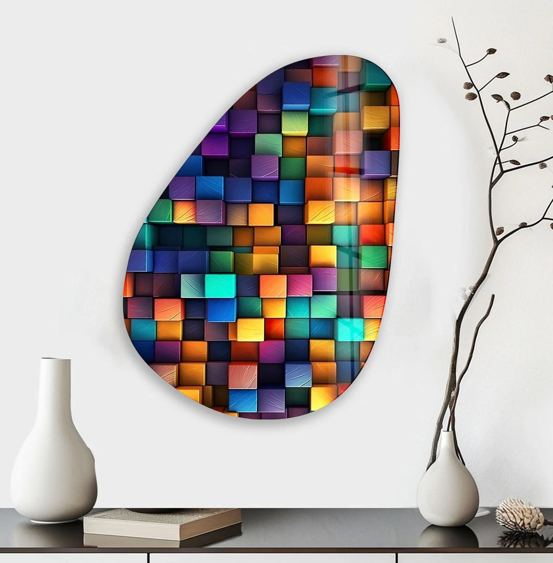 Asymmetrical Oval Colored Cubes Glass Wall Art large glass photo prints, glass wall photos