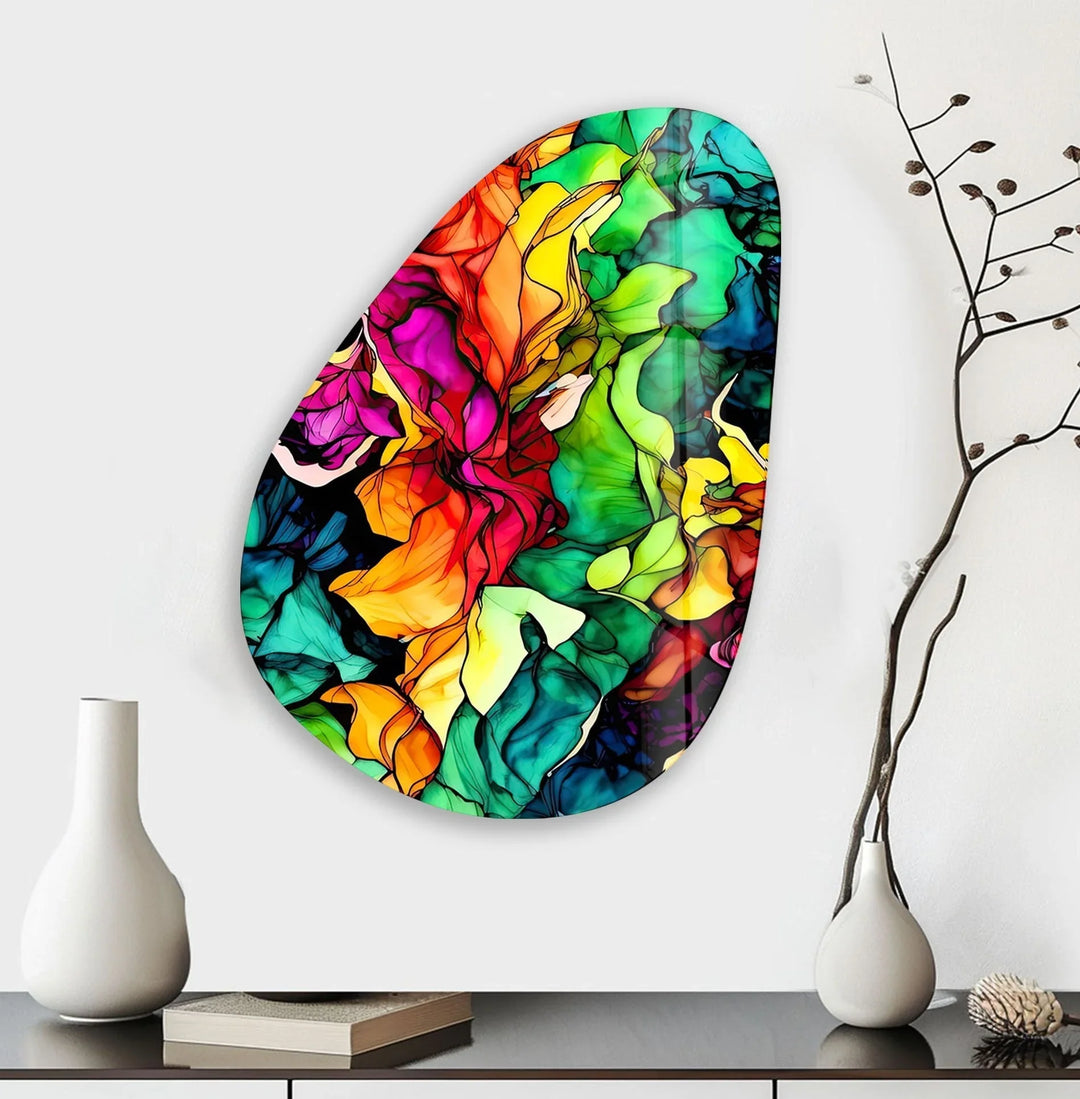 Asymmetrical Oval Colored Flower Glass Wall Art print on glass, glass printed photos