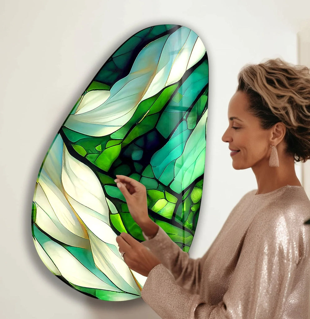 Asymmetrical Oval Green Fractal Glass Wall Art photo print on glass, prints on glass wall art