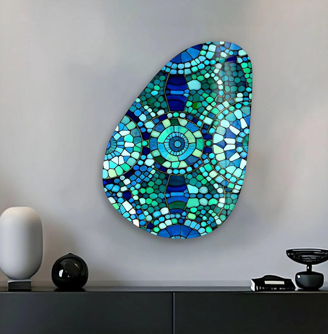 Asymmetrical Oval Blue Mosaic Design Glass Wall Art glass image printing, glass prints from photos