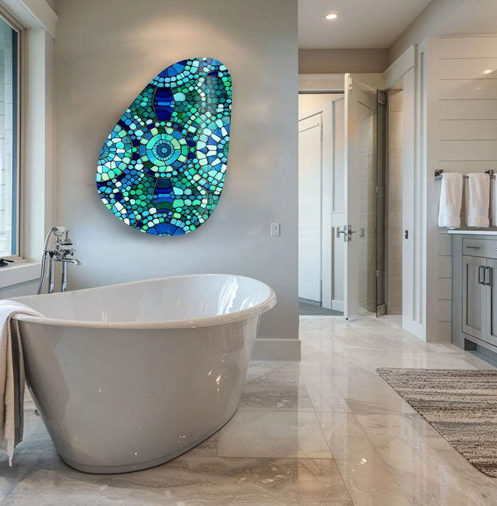 Asymmetrical Oval Blue Mosaic Design Glass Wall Art glass pictures for Wall, glass prints wall art