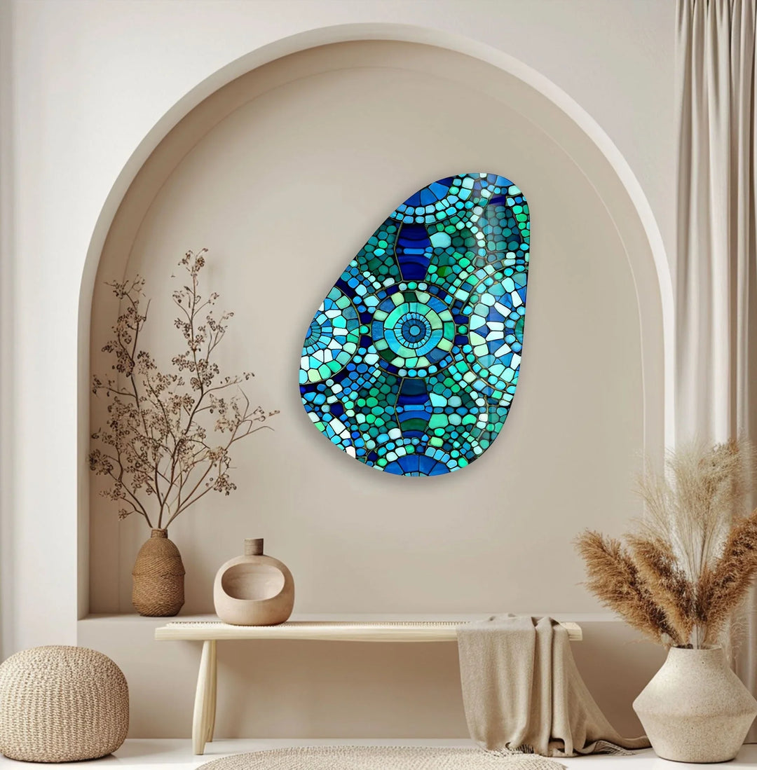 Asymmetrical Oval Blue Mosaic Design Glass Wall Art glass art painting, glass art for the Wall