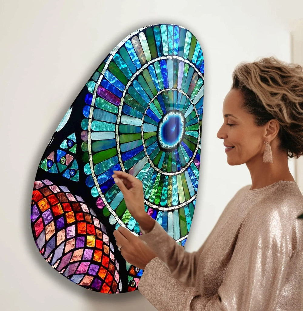 Asymmetrical Oval Stained Blue Green Glass Wall Art glass art painting, glass art for the Wall