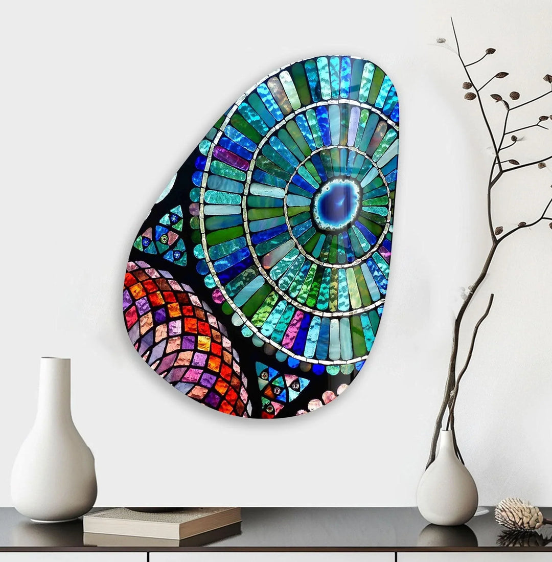Asymmetrical Oval Stained Blue Green Glass Wall Art stained glass wall art, stained glass wall decor