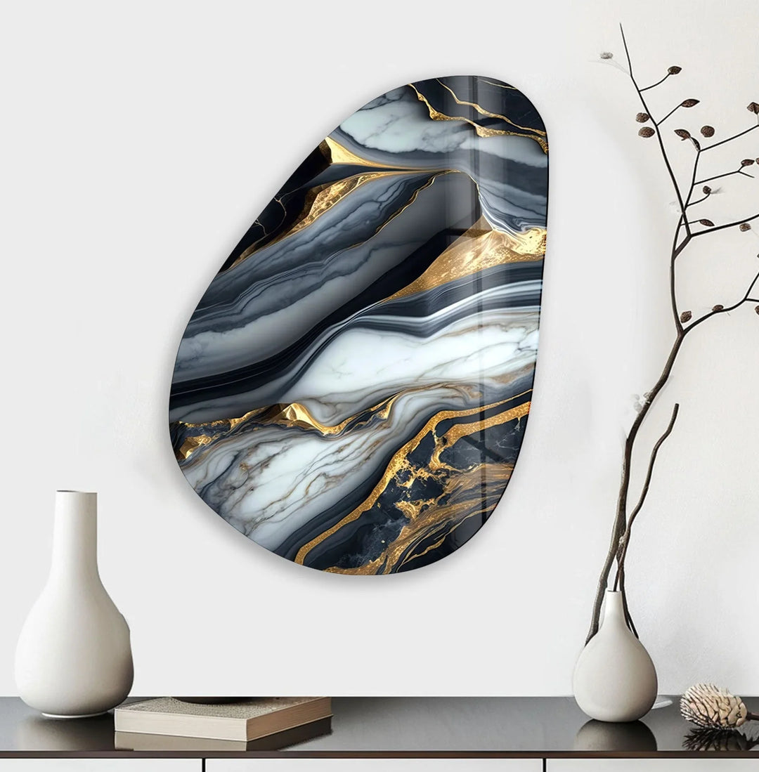 Asymmetrical Oval White Black Details Glass Wall Art glass art painting, glass art for the Wall