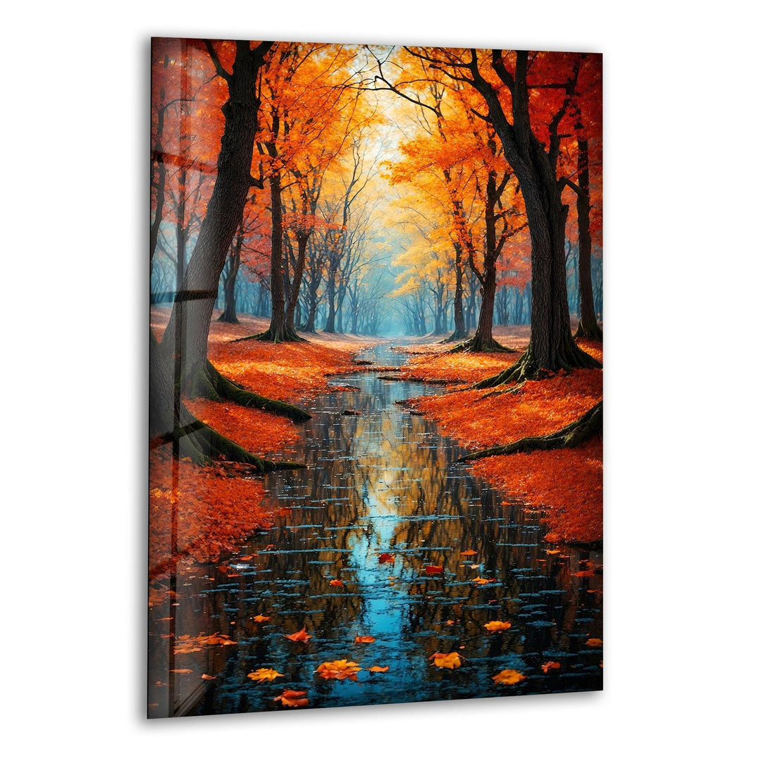 Autumn forest path with vibrant fall colors and peaceful reflections.