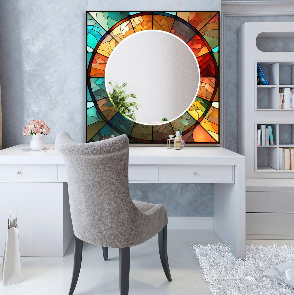 Orange Stained Circle Wall Mirrors Decorative Wall Mirror