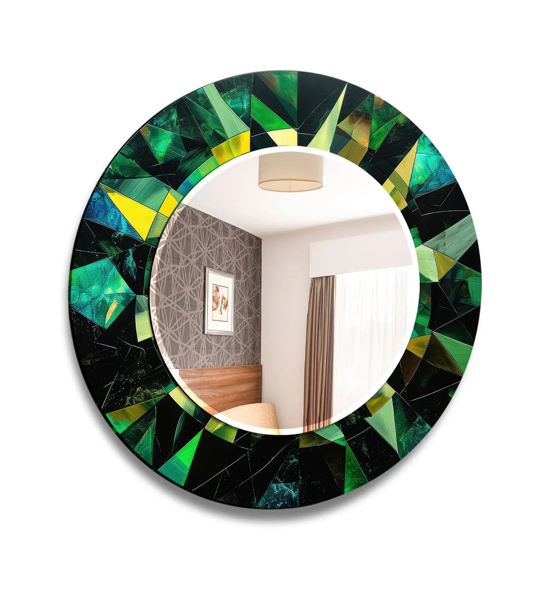 Emerald Geometric Round Mirror – Green Faceted Frame Wall Decor - MyPhotoStation