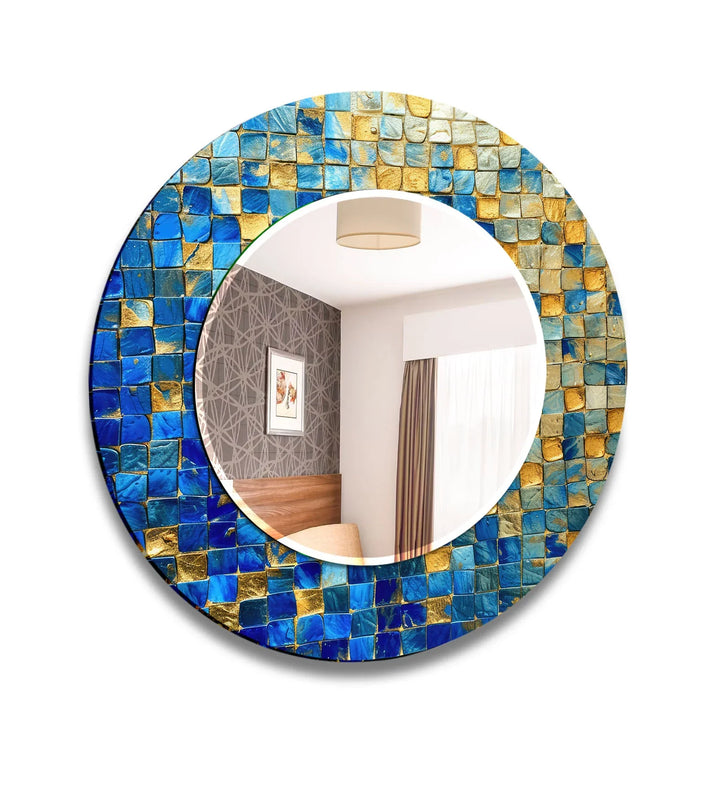 Blue & Gold Mosaic Round Mirror – Elegant Wall Accent for Homes - MyPhotoStation