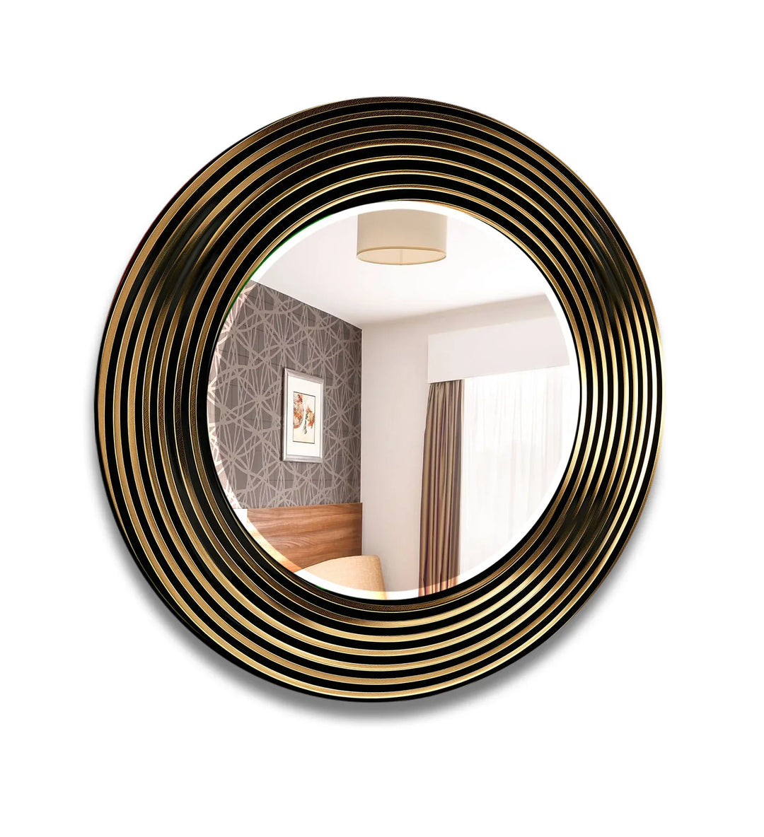 Modern Round Wall Mirror with Gold Striped Frame – Elegant Glass Decor for Living Room - MyPhotoStation