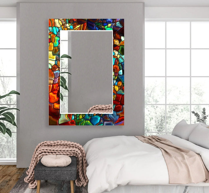 Stained Colored Stones Round Wall Mirror bathroom mirror with lights