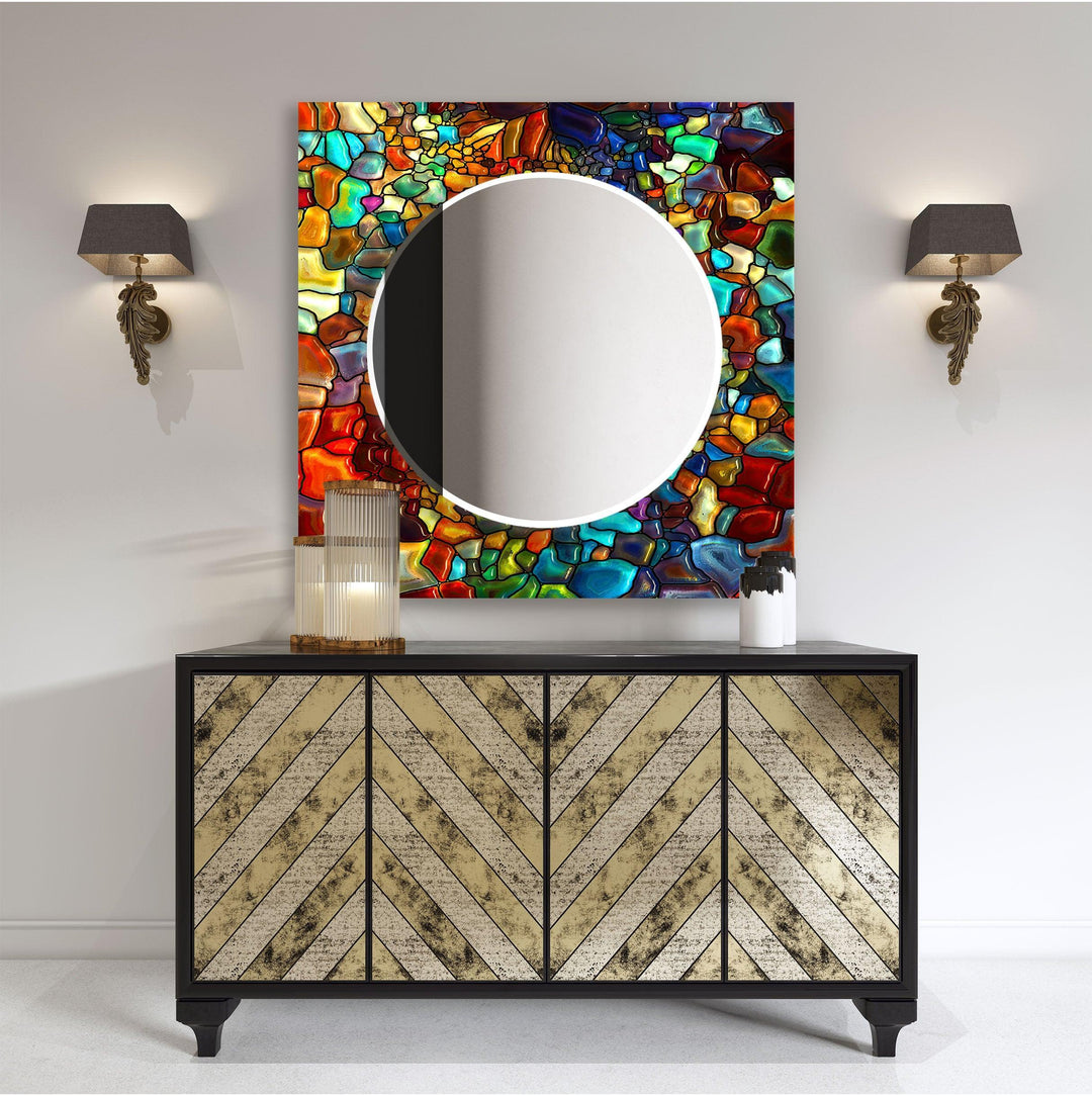 Stained Colored Stones Round Wall Mirror lighted mirror