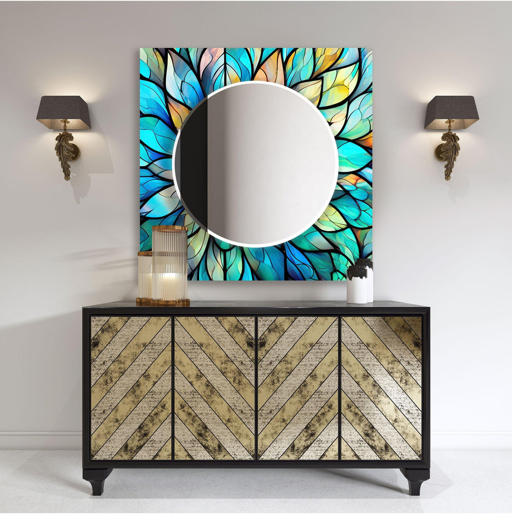 Turquoise & Blue Flower Wall Mirror Stained Glass Wall Mirror