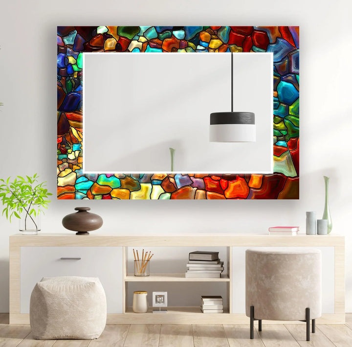 Stained Colored Stones Round Wall Mirror decorative mirrors