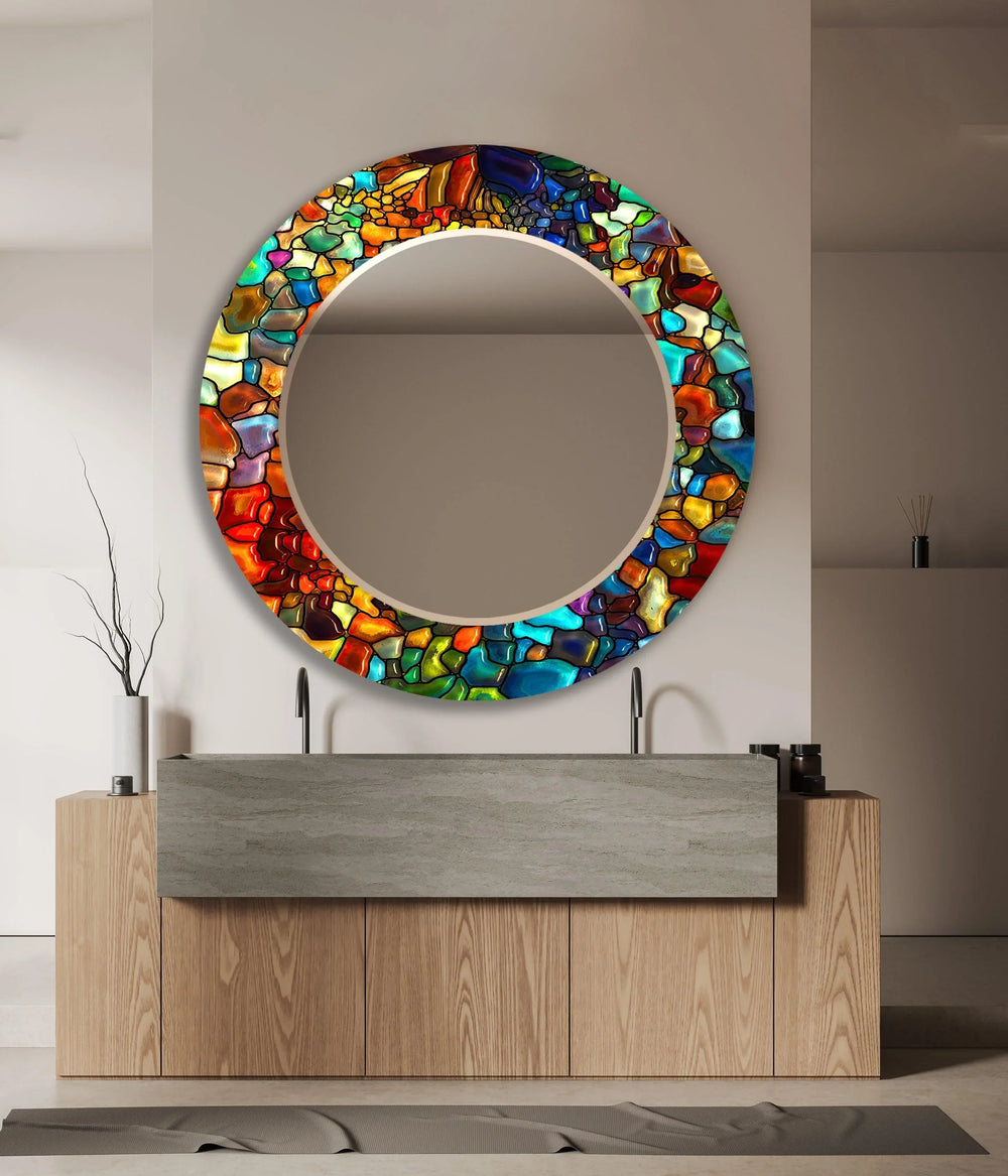 Stained Colored Stones Round Wall Mirror big wall mirror