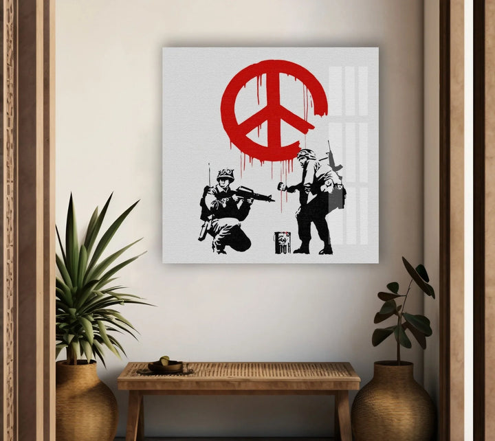 Banksy CND Soldiers Peace Tempered Glass Wall Art - MyPhotoStation - Transform your home with Banksy wall art, available in various sizes and designs. Shop our collection of Banksy paintings for sale, including original art and prints. Buy Banksy art and enjoy the vibrant, thought-provoking imagery that defines his work.