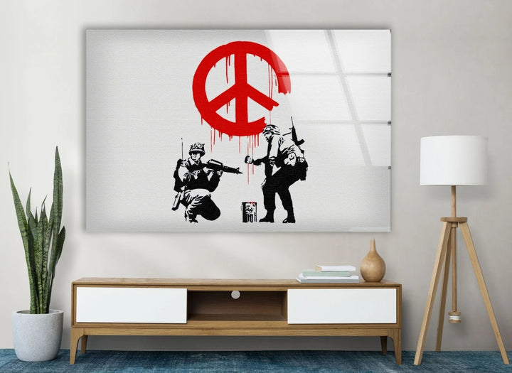 Banksy CND Soldiers Peace Tempered Glass Wall Art - Artdesigna Glass Printing Wall Arts - Large Banksy Wall Art - Explore Banksy original art for sale and bring the renowned street artist's work into your space. Our collection includes large Banksy wall art, prints, and paintings. Purchase Banksy art and add a bold, artistic touch to your home decor today.